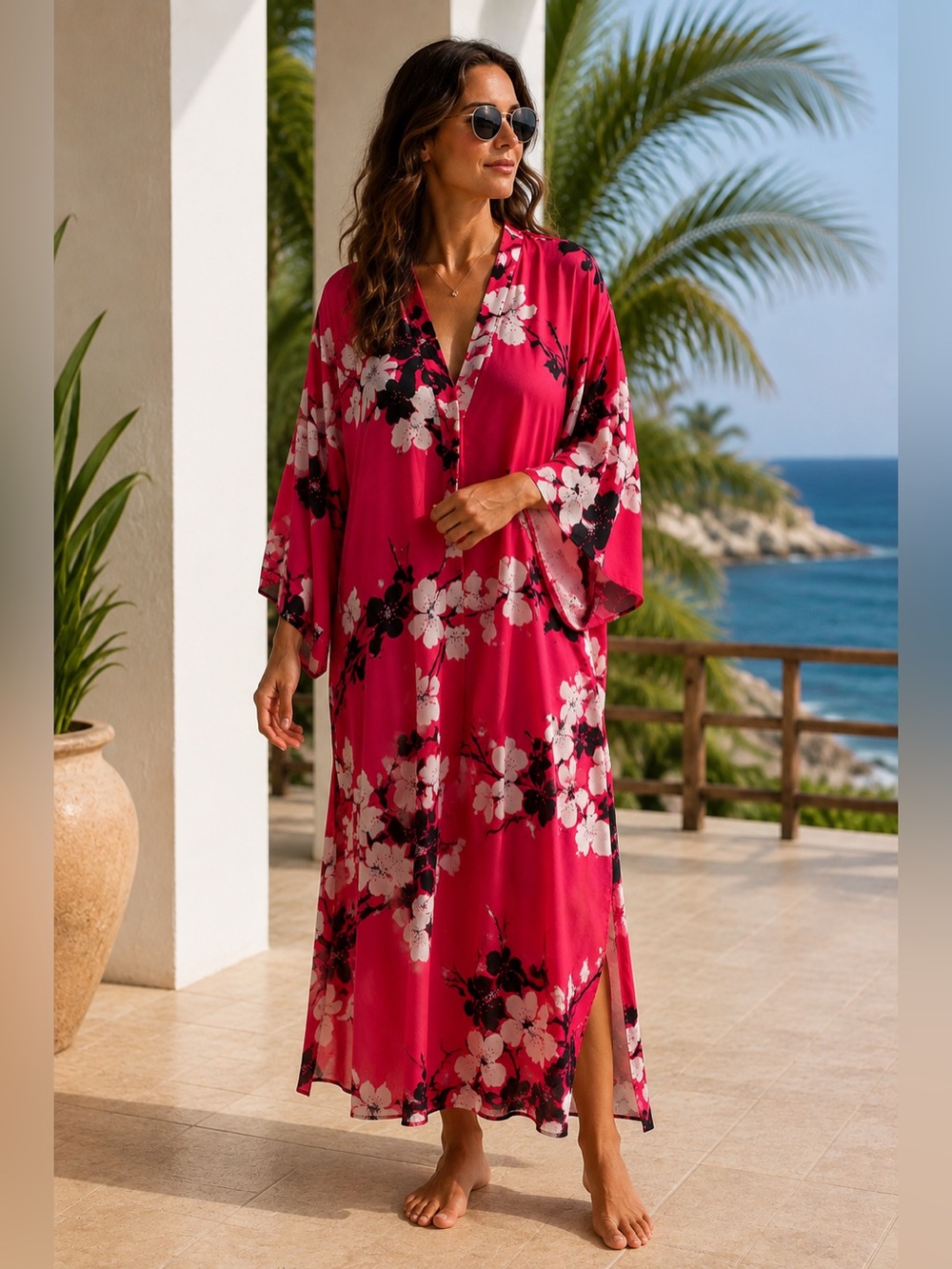 Natori Floral Caftan Maxi Dress Kimono Resort Cover Up Glam Lounge Pink Black XL